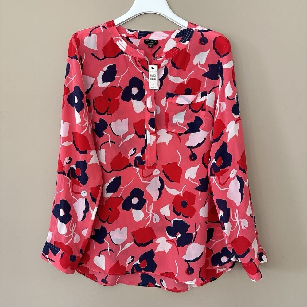 NWT Talbots $109 100% Washable Silk Pink Floral Top Women L Luxury Tunic Long